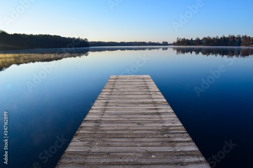 Pier On Lake Against Clear Blue Sky