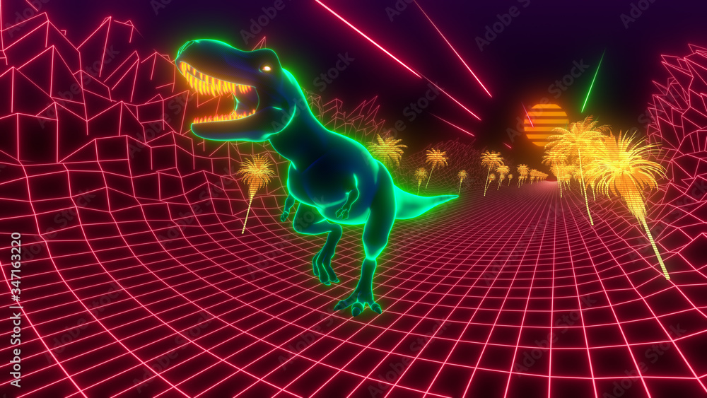 T-Rex dinosaur walks through a neon jungle. 80s retro style wallpaper background
