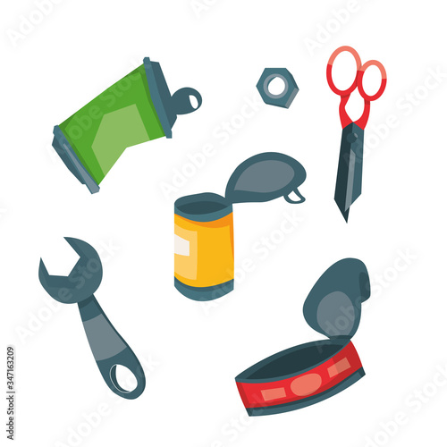 Vector illustration of recycling metal garbage. Set of tin can, wrench, scissors, nut. Sorted trash. Garbage separate.