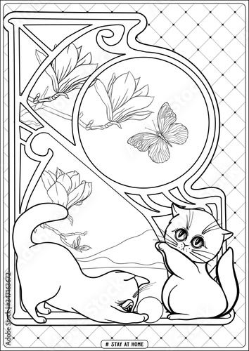 Fototapeta Naklejka Na Ścianę i Meble -  Cute cat in front of a window and slogan, tag stay at home. Coloring page for the adult and kids coloring book. Outline hand drawing vector illustration..