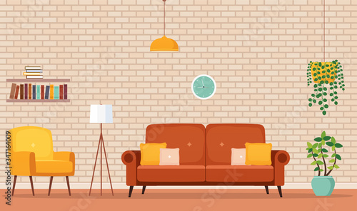 Home interior room with sofa, armchair, bookshelves, lighting lamp, flower pots with plants.
