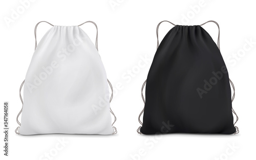White black backpack bag on a rope. Sport bag mockup on white background. photo