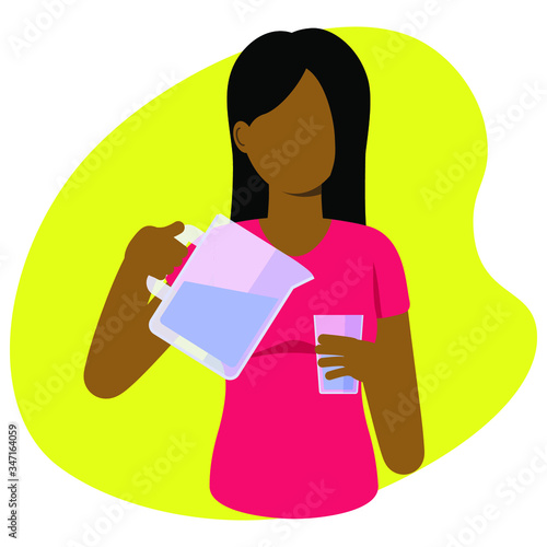 Beautiful girl with long hair poring a pure water in a glass. Character vector flat illustration. Healthy lifestyle
