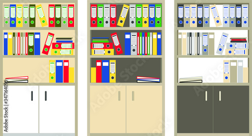 Set of three office cupboards in diffenet colors isolated. Vector flat illustration. Business and finance
