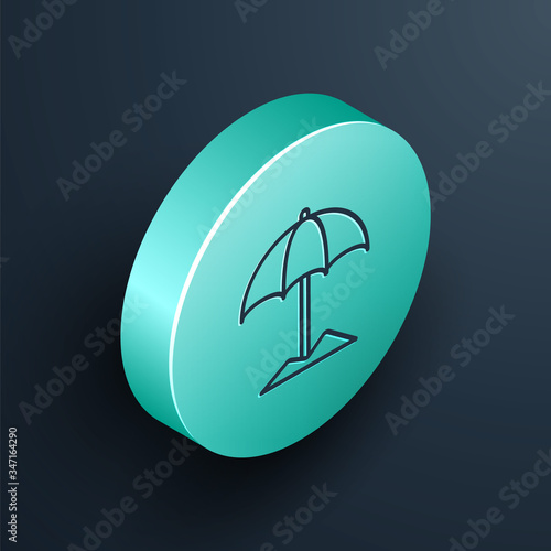 Isometric line Sun protective umbrella for beach icon isolated on black background. Large parasol for outdoor space. Beach umbrella. Turquoise circle button. Vector Illustration