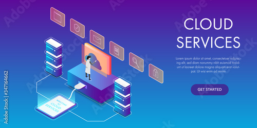 Isometric vector design of concept cloud services technology with man using computer, icon and circuit pattern.