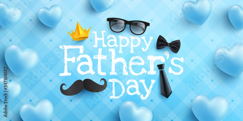 Happy Father's Day poster or banner template with necktie,glasses and heart on blue.Greetings and presents for Father's Day in flat lay styling.Promotion and shopping template for love dad concept