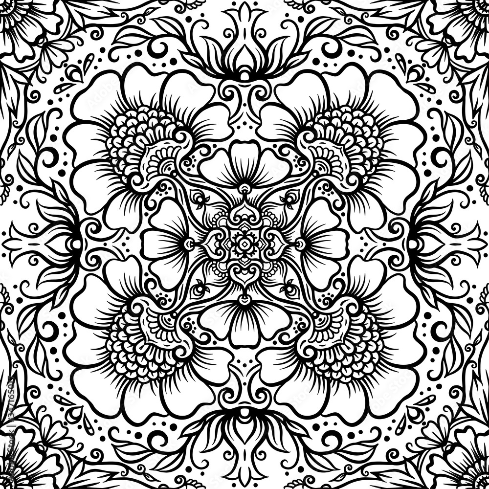 Fototapeta premium Eastern ethnic motif, traditional indian henna ornament. Seamless pattern, background in black and white colors. Outline vector illustration.