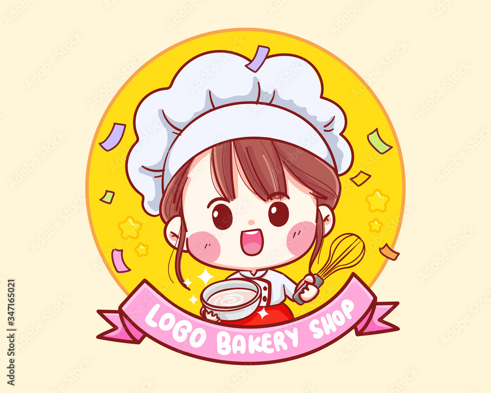 Cute Bakery chef girl smiling cartoon art illustration logo. Premium