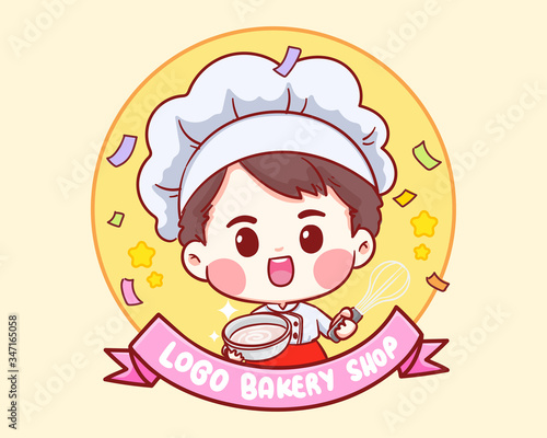 Cute Bakery chef boy smiling cartoon art illustration logo. Premium Vector