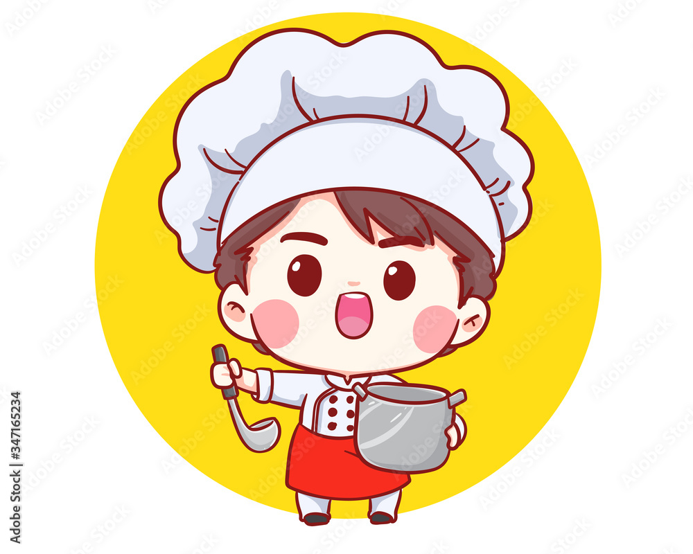 Cute Bakery chef boy Cooking smiling cartoon art illustration logo. Premium Vector Cute Bakery chef boy Cooking smiling cartoon art illustration logo. Premium Vector