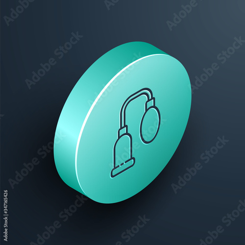 Isometric line Penis pump icon isolated on black background. Penis enlarger. Sex toy for men. Vacuum pump with a blower to increase the penis. Turquoise circle button. Vector Illustration