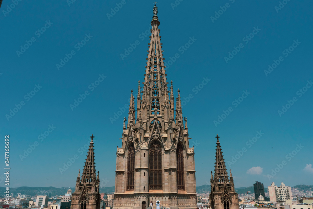 The tip of the Barcelona Cathedral overlooking the entire city.