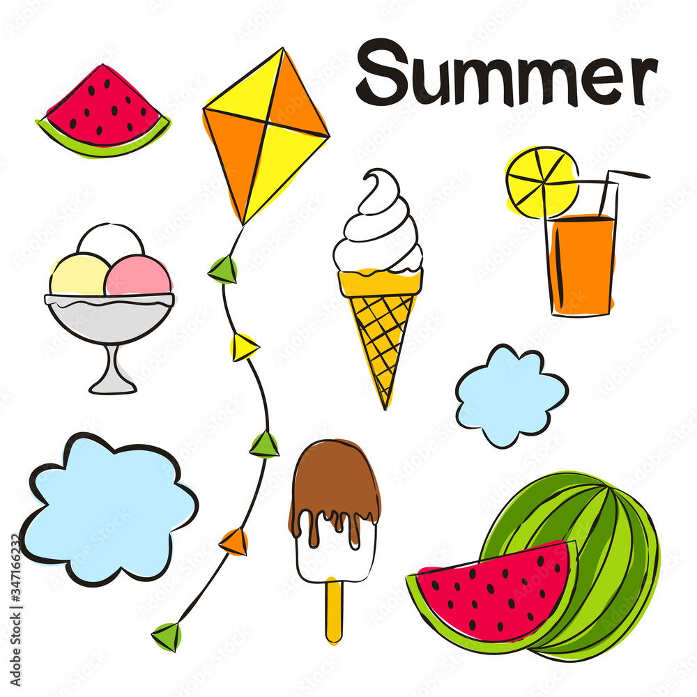Time of year Summer. Elements for seasonal calendar. Handdrawn ice