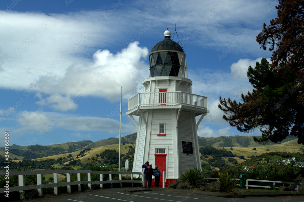 Akaroa head lighthouse, Banks Peninsula, near Christchurch, South Island, New Zealand