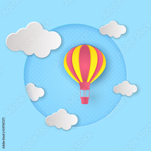 Travel banner! Beautiful  air balloons! Abstract paper art 3D vector illustration on blue background. Design for poster, magazine, brochure, booklet