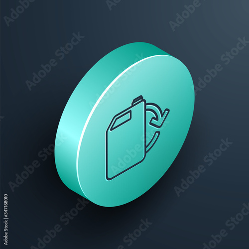 Isometric line Eco fuel canister icon isolated on black background. Eco bio and barrel. Green environment and recycle. Turquoise circle button. Vector Illustration