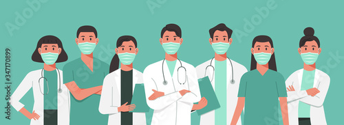 character doctors and nurses wearing a surgical face mask and standing together to fight COVID-19, male and female medical workers set cartoon vector flat illustration