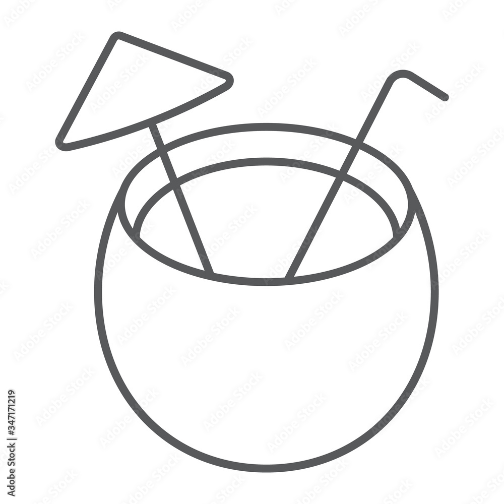 Coconut Cocktail thin line icon, summer and beach, cocktail drink sign vector graphics, a linear icon on a white background, eps 10. Coconut Cocktail thin line icon, summer and beach, cocktail drink sign vector graphics, a linear icon on a white background, eps 10.