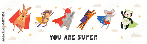 Banner, card with cute animal superheroes flying, quote You are super. Hand drawn vector illustration. Isolated objects on white background. Scandinavian style flat design. Concept for children print.
