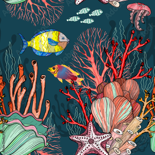 Seamless pattern with nautical sea treasure marine life.