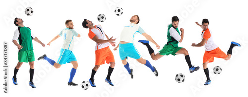 Fototapeta Naklejka Na Ścianę i Meble -  Collage with photos of young men playing football on white background. Banner design