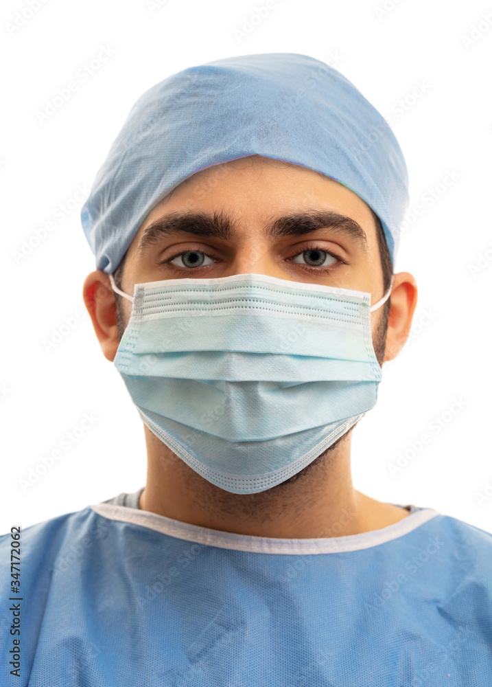 Doctor with surgical mask isolated on white background. Medical staff protective gear against coronavirus COVID 19 Doctor with surgical mask isolated on white background. Medical staff protective gear against coronavirus COVID 19
