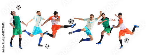 Collage with photos of young men playing football on white background. Banner design