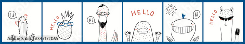 Collection of cards, posters with cute funny cool hipster animals in hats, glasses, pineapple, cactus, quotes. Hand drawn childish vector illustration. Line drawing. Design concept for children print.