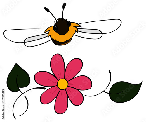 Cartoon honeybee flying over a pink cosmo flower