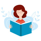 Girl with open book in her hands. Woman reading a book. Online learning concept. Home education vector illustration. Internet education, training, e-learning concept.