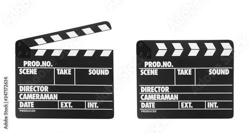 Slika na platnu Two clapper boards on white background. Cinema production