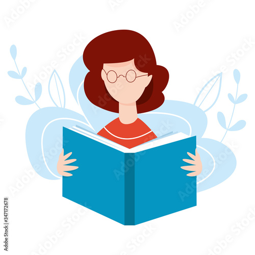 Girl with open book in her hands. Woman reading a book. Online learning concept. Home education vector illustration. Internet education, training, e-learning concept.