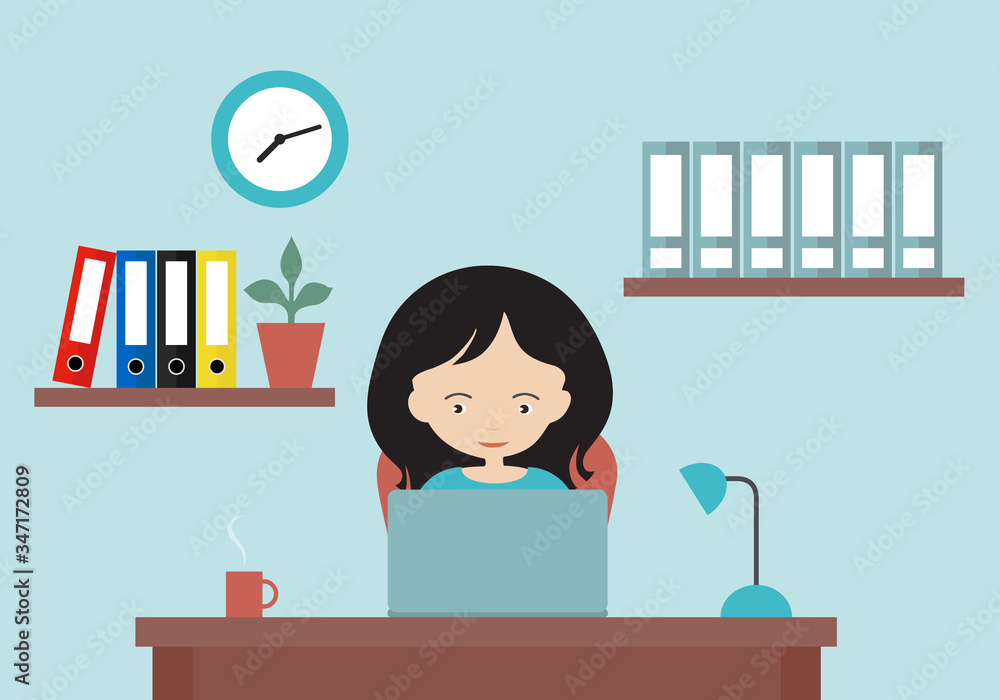 Flat design cartoon illustration of woman working in office on laptop. Work desk, shelves and clock on the wall, vector Flat design cartoon illustration of woman working in office on laptop. Work desk, shelves and clock on the wall, vector