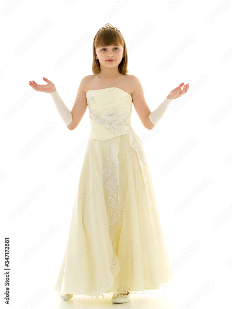 A little girl in a long, elegant dress of a princess. A little girl in a long, elegant dress of a princess.