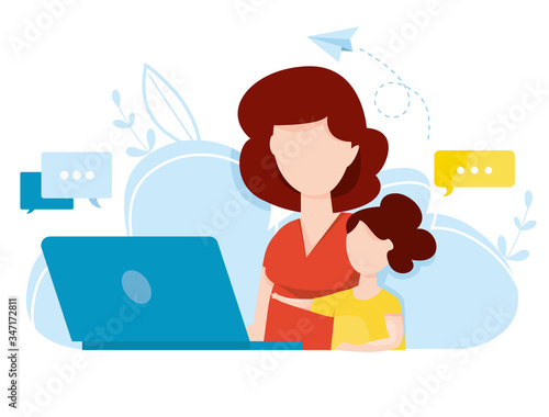 Children's home education. Online lesson at school. Distance learning. Mom and daughter with laptop study subject at school. Technology of internet training. Back to school.