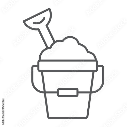 Sand Bucket thin line icon, play and beach, toy bucket with shovel sign vector graphics, a linear icon on a white background, eps 10.