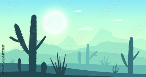 Mexican landscape desert with cacti, mountains and sun vector background.