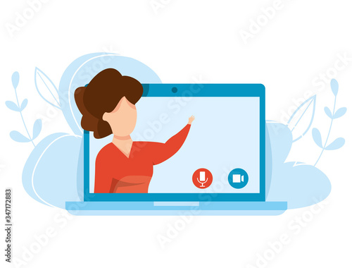 Vector concept of online education. Distance learning. Teacher on laptop explains a distance online lesson. Concept of self education. Graduation and web courses. Internet webinar.
