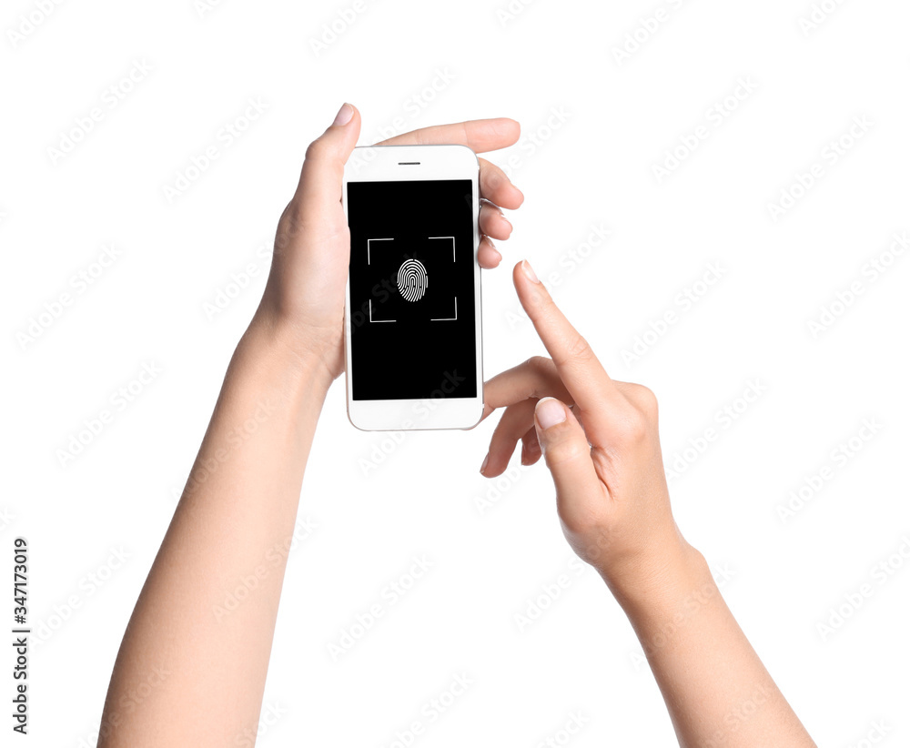 Woman holding smartphone with fingerprint sensor on white background, closeup. Digital identity Woman holding smartphone with fingerprint sensor on white background, closeup. Digital identity