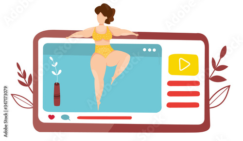 Vector of fitness course. Sport class at home. Online lesson with teacher. Lesson in mobile app. Quarantine epidemic. Working at home. Stretching and fitness exercises. Live streaming. Broadcast.