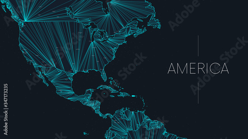 Polygonal map of the American continent with nodes linked by lines, vector global network concept poster, abstract illustration
