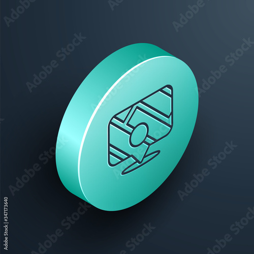 Isometric line Infographic of city map navigation icon isolated on black background. Mobile App Interface concept design. Geolacation concept. Turquoise circle button. Vector Illustration
