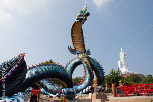 Big blue Naka and white buddha statue in Wat Roi Phra Phutthabat Phu Manorom for thai people and foreigner travelers travel visit and respect praying at Mukdahan National Park in Mukdahan, Thailand photo