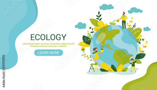 Ecology concept. People take care about planet ecology. Protect nature and ecology banner. Earth day Globe with trees plants and volunteer. Vector illustration. Web template for internet sites headers