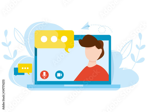 Vector concept of online education. Distance learning. Teacher on laptop explains a distance online lesson. Concept of self education. Graduation and web courses. Internet webinar.
