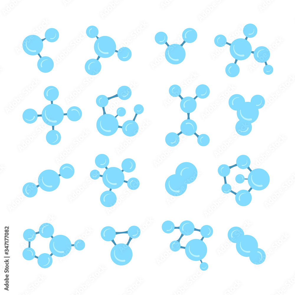 Various molecular model icons set isolated on white background. Group of atoms bonded together, chemical compound, physics, organic chemistry, biochemistry element. Flat style vector illustration.