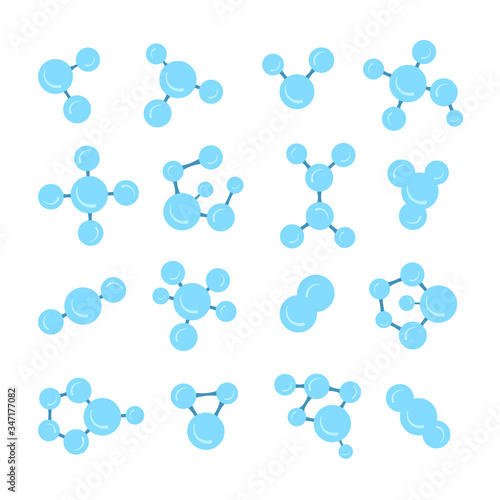 Various molecular model icons set isolated on white background. Group of atoms bonded together, chemical compound, physics, organic chemistry, biochemistry element. Flat style vector illustration.