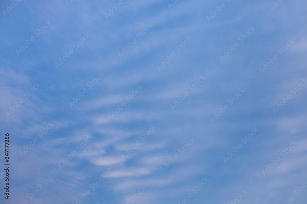 Beautiful white Cirrus clouds in a blue sky. Background and texture of the sky