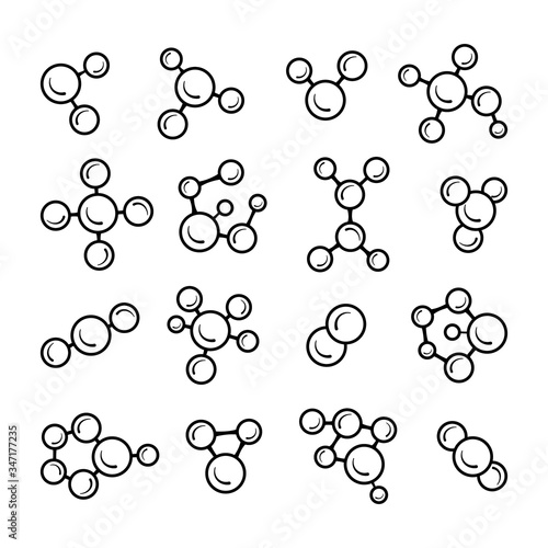 Various molecular model line icons set isolated on white background. Group of atoms bonded together, chemical compound, physics, organic chemistry, biochemistry element. Outline vector illustration.